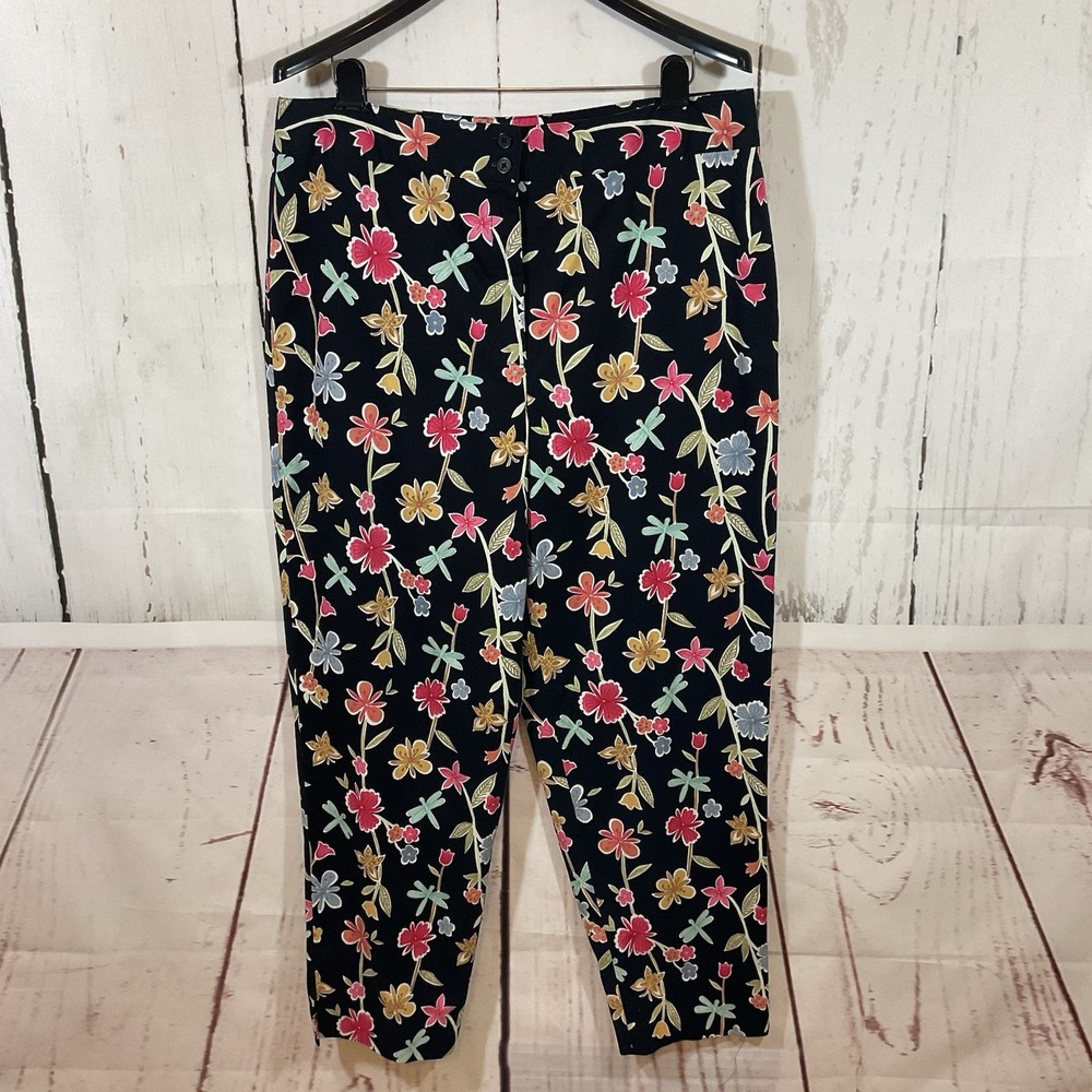 Vintage Talbots Pants 16 Black Floral Butterfly Whimsy Fairy Garden Wearable Art